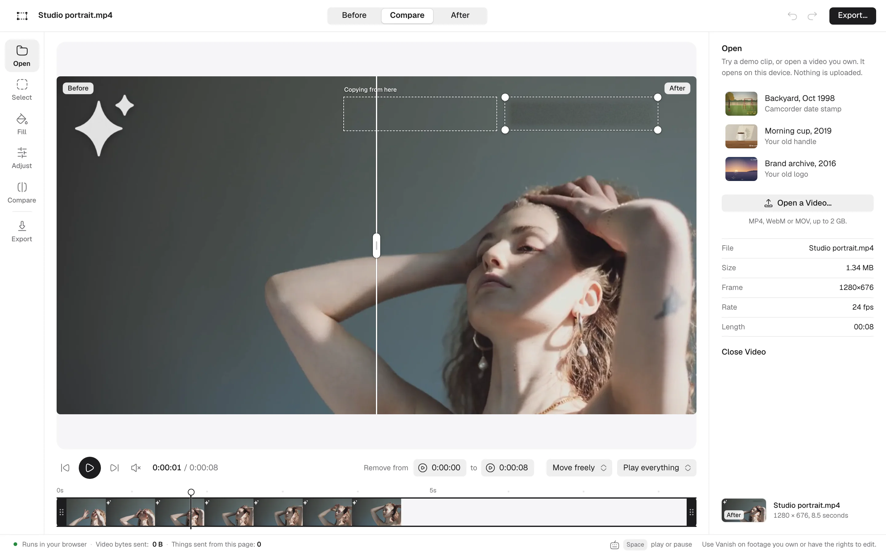 Step 1: Studio portrait.mp4 open in Vanish, with our sparkle mark in the top-left corner.